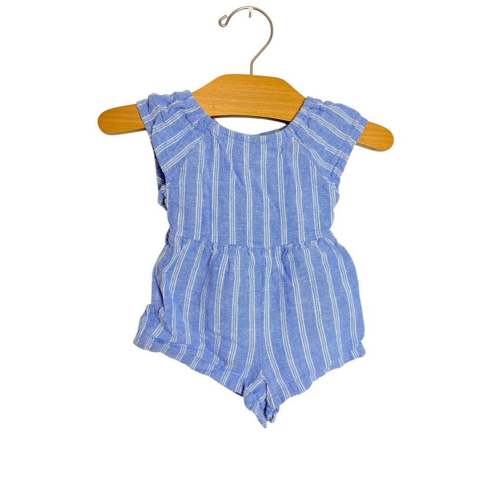 Old Navy Baby Blue White Striped Linen Blend Romper 0-3M Sleeveless Keyhole Back